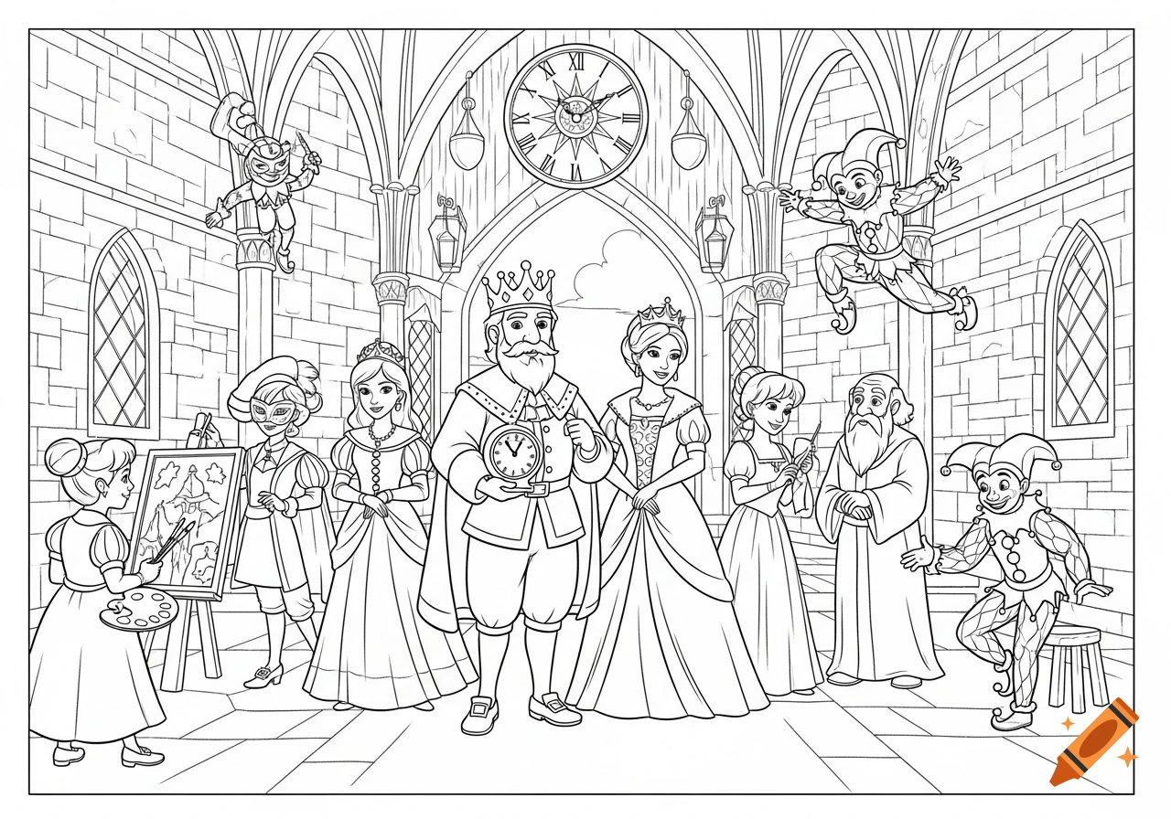 Black and white line art coloring page depicting a royal court in a castle hall with a king, queen, jesters, and other characters.