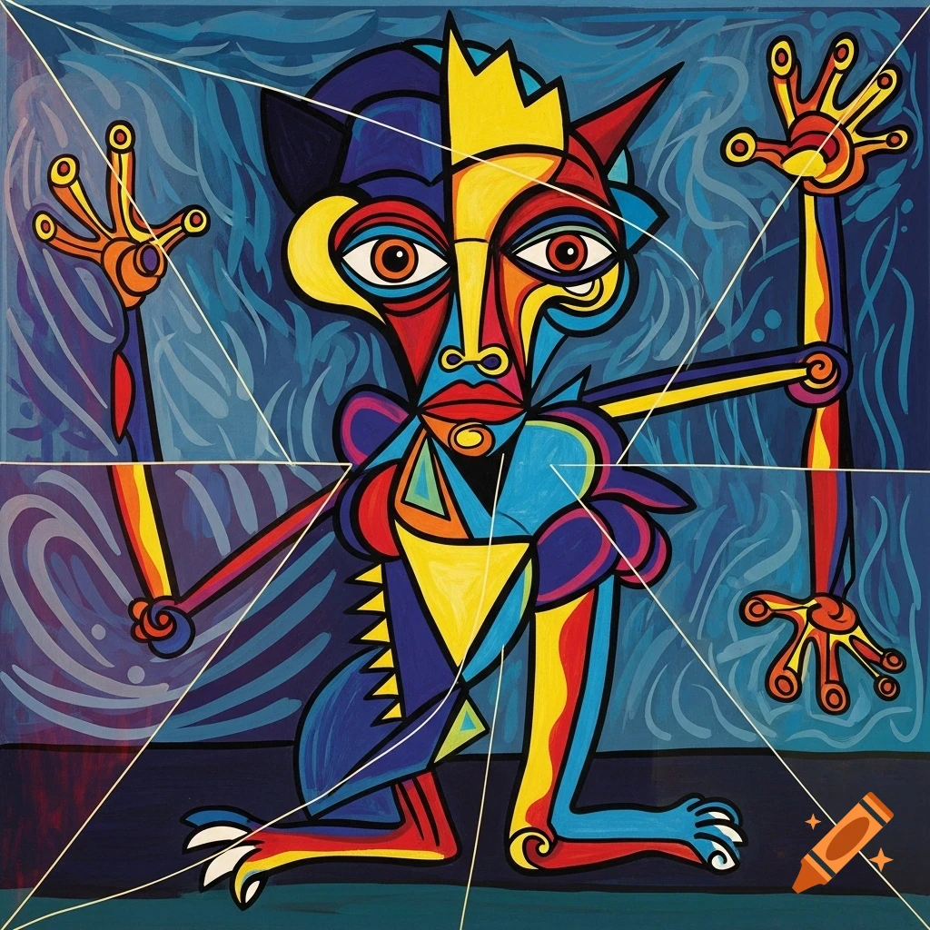 A vibrant, cubist-style alien monster with a crown, sharp teeth, and clawed feet, against a blue, wavy background.