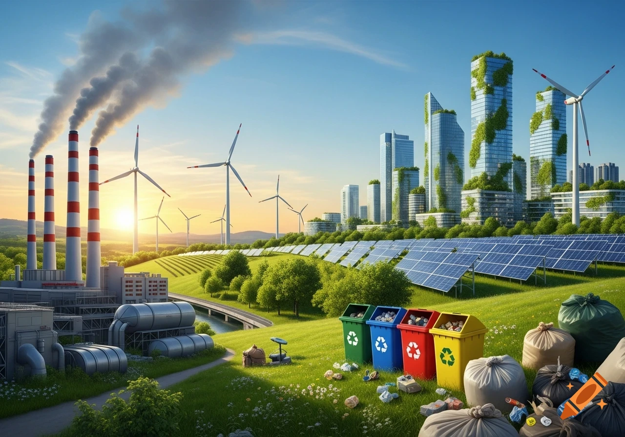 A landscape contrasting smoking industrial chimneys and factories with wind turbines, solar panels, modern green city buildings, recycling bins, and scattered trash.