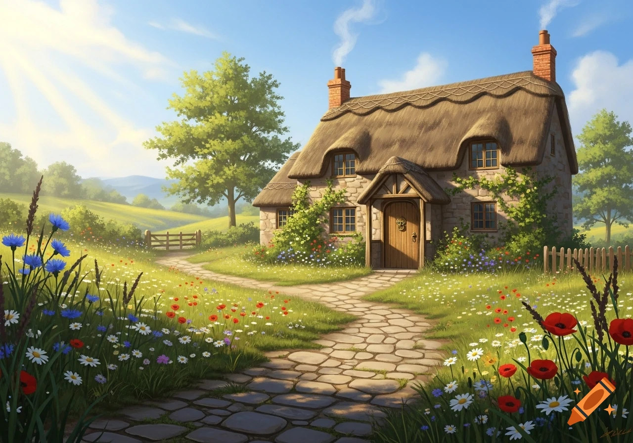 An idyllic illustration of a rustic cottage with a thatched roof, surrounded by vibrant wildflowers and a cobblestone path under a bright blue sky.