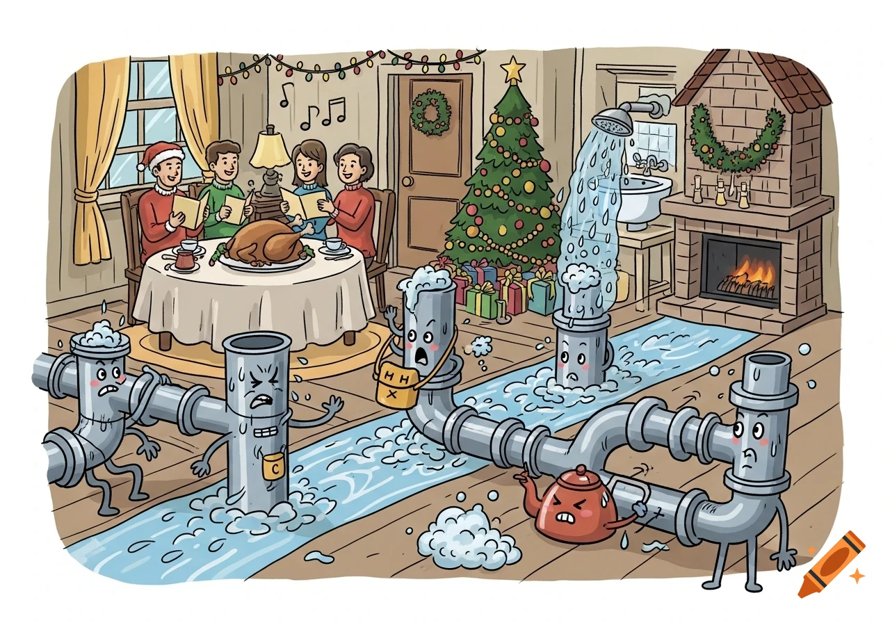 Humorous Christmas illustration of anthropomorphic plumbing pipes stressed and leaking water in a living room where a family sings carols.
