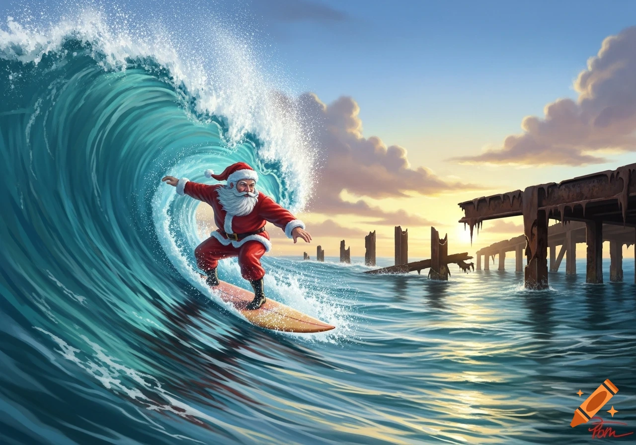 Santa Claus in his red suit surfs a large turquoise ocean wave near a dilapidated wooden pier at sunset, in a vibrant digital painting style.
