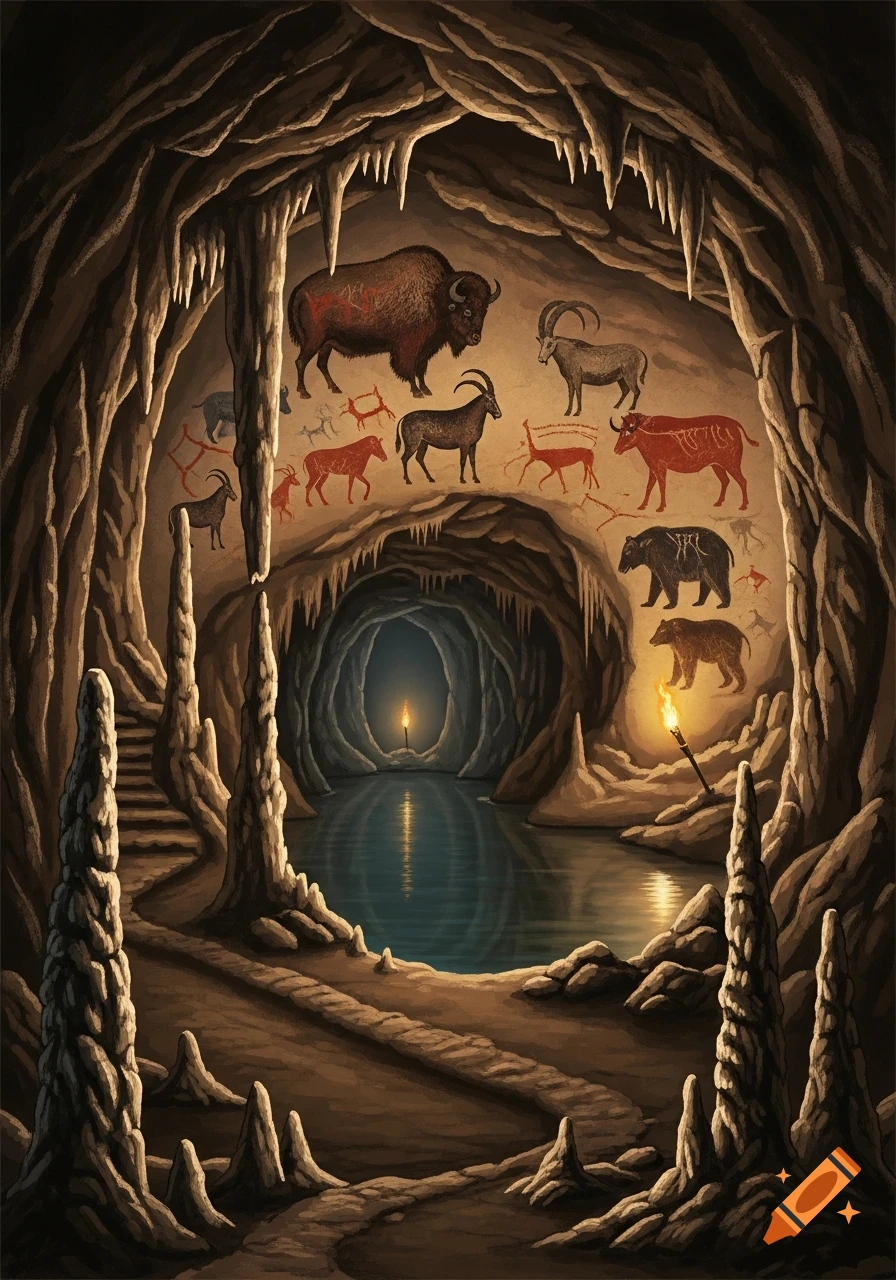 A dark cave with brown rock formations, stalactites, and stalagmites. Ancient-style cave paintings of bison, ibex, and bears adorn the walls. A tranquil underground lake reflects the light of a distant torch, and another torch illuminates the foreground.