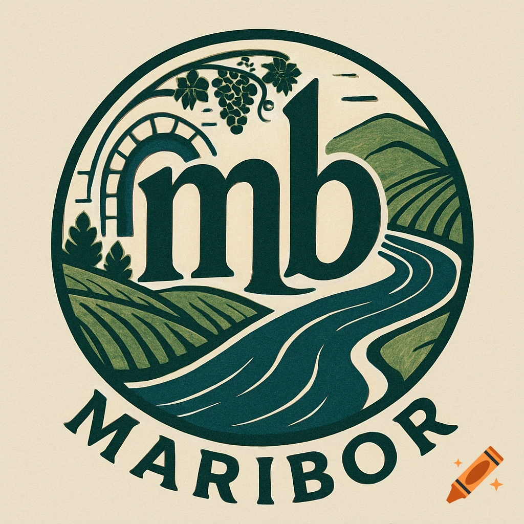 A circular logo featuring stylized hills, a river, an arched bridge, and grapes, with 'mb' in the center and 'MARIBOR' below. Rendered in a vintage, textured style.