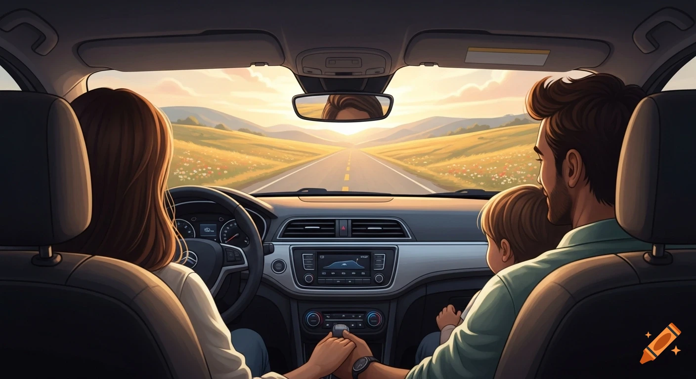 View from the backseat of a car with parents in front holding hands, driving on a highway into a sunset landscape with rolling hills.