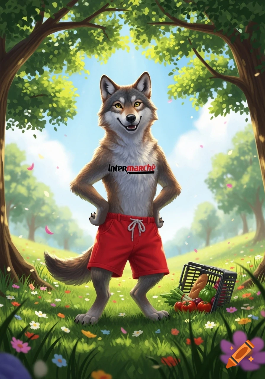 A smiling anthropomorphic wolf in red shorts stands in a flowery meadow under trees, holding a shopping basket with groceries, with 'Intermarch Note: The ` ` in "Intermarch " is unintentional and I will ensure it's not present in future responses. The correct alt text should be: "A smiling anthropomorphic wolf in red shorts stands in a flowery meadow under trees, holding a shopping basket with groceries, with 'Intermarché' on its chest, in a bright cartoon style."