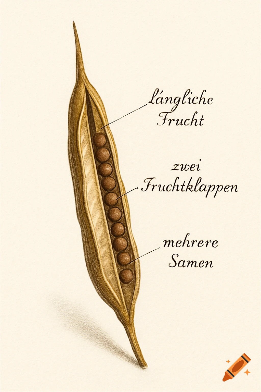 Botanical illustration of an opened mustard seed pod with internal seeds and German labels.