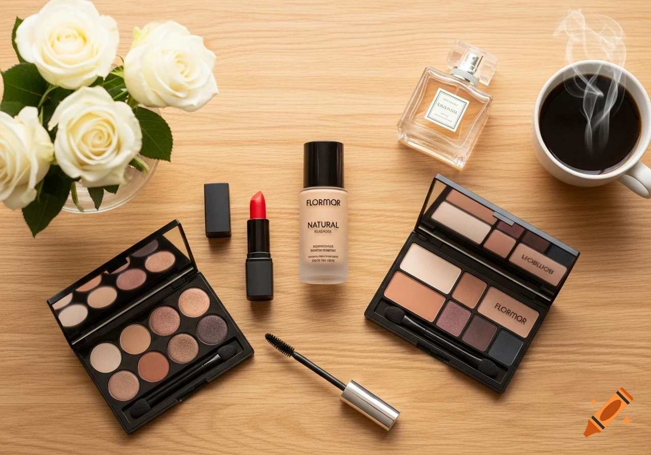 Flat lay of Flormar makeup products: red lipstick, natural foundation, eyeshadow palettes, mascara, perfume bottle, white roses, and steaming coffee on a wooden table.
