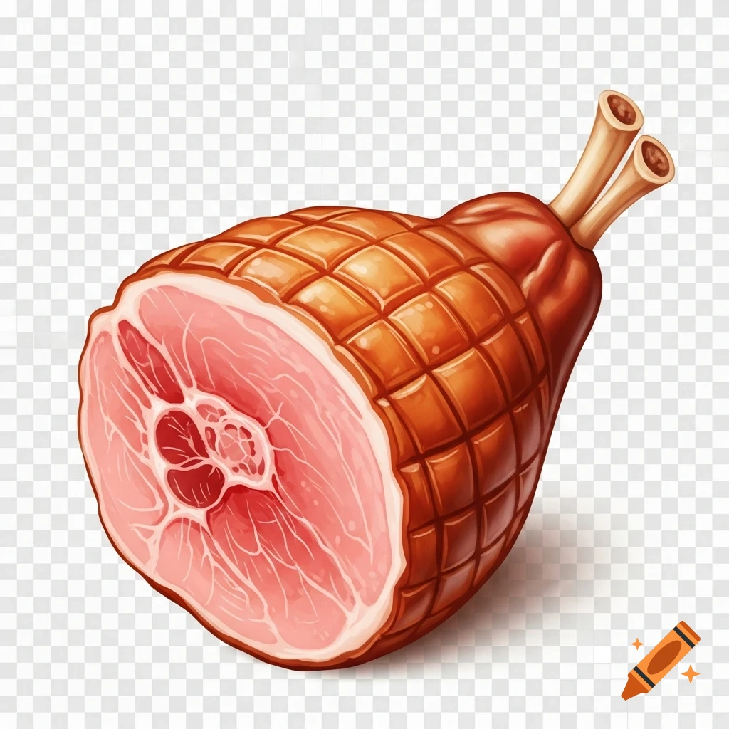 Detailed illustration of a smoked ham with exposed bone on a transparent background.