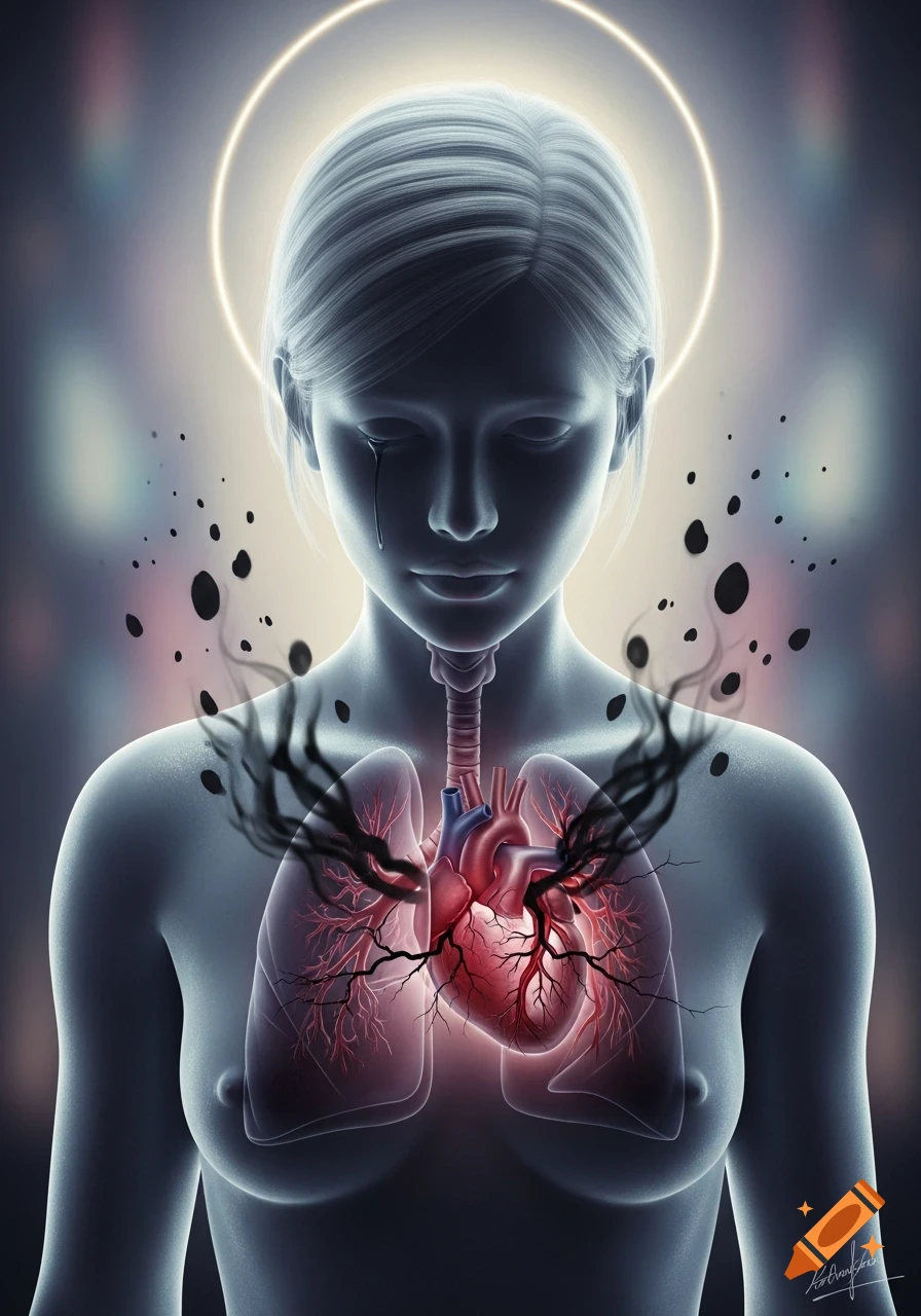 Stylized translucent female figure with a halo and crying, revealing glowing heart and lungs consumed by dark smoke, symbolizing loss and grief.