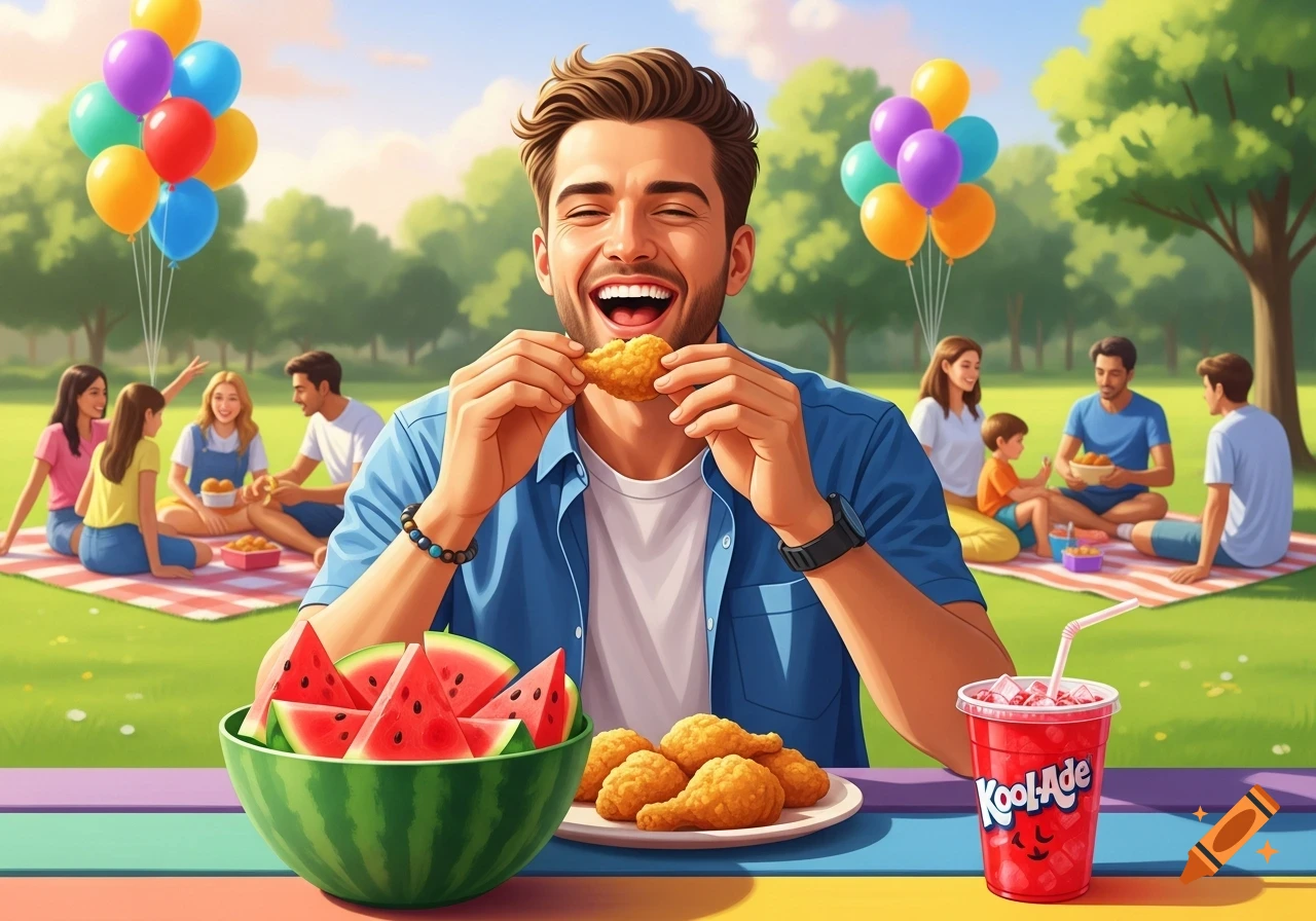 A man laughing while eating fried chicken at a vibrant outdoor picnic with watermelon, a Kool-Ade drink, and people in the background.