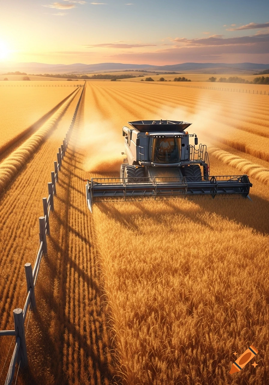 A photorealistic combine harvester cuts a vast golden wheat field under a dramatic sunset sky.