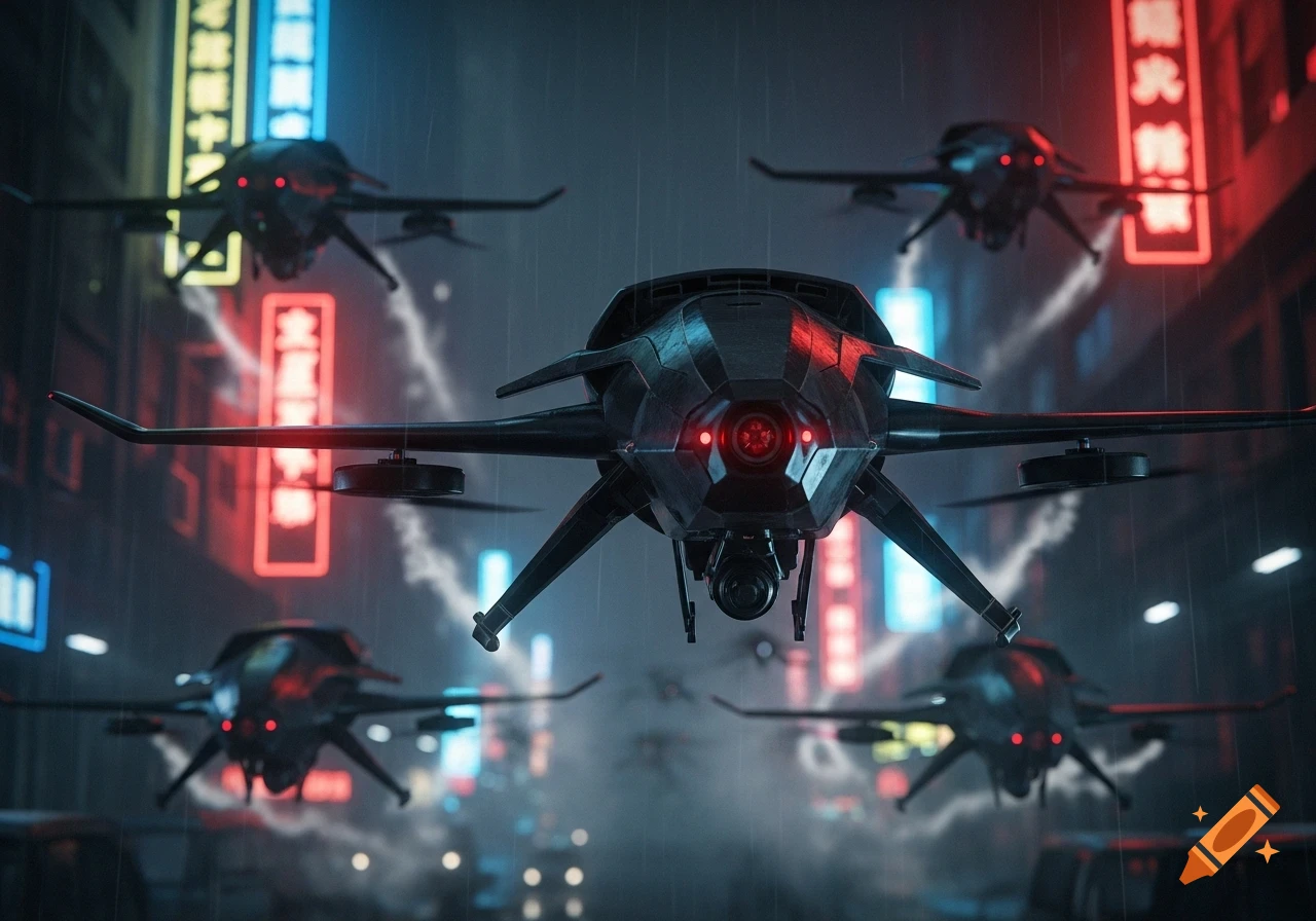 Dark futuristic drones with glowing red eyes fly in a rainy, neon-lit cyberpunk city in a photorealistic style.