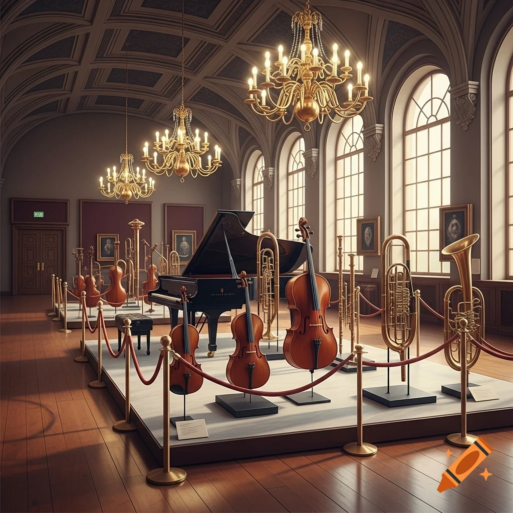 A grand museum hall with vaulted ceilings, chandeliers, and tall arched windows, displaying classical musical instruments including a grand piano, cellos, violins, trombones, and tubas behind red velvet ropes.
