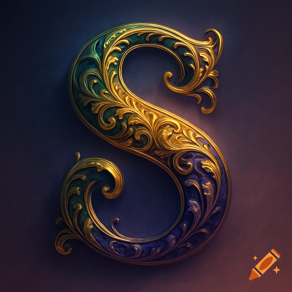 Ornate gilded letter 'S' with intricate gold, teal, and purple filigree against a dark background.