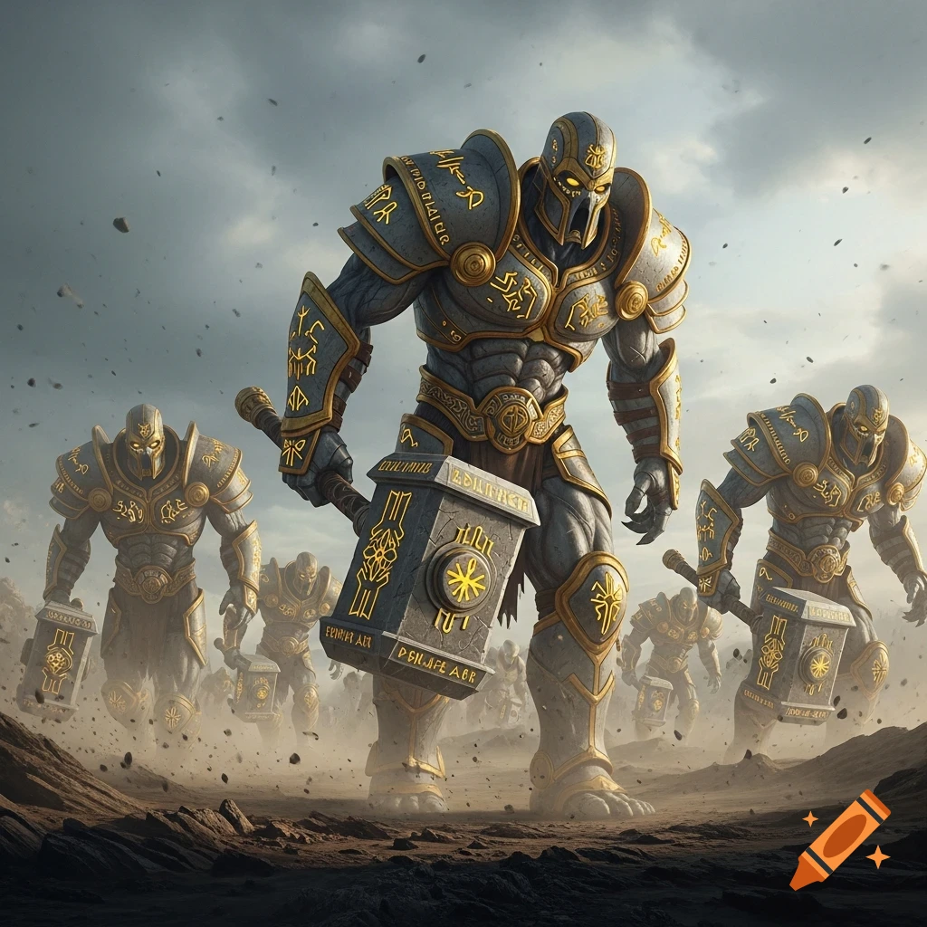 An army of massive gold-infused stone giants in armor, wielding huge stone hammers, marching across a dusty, rocky landscape.