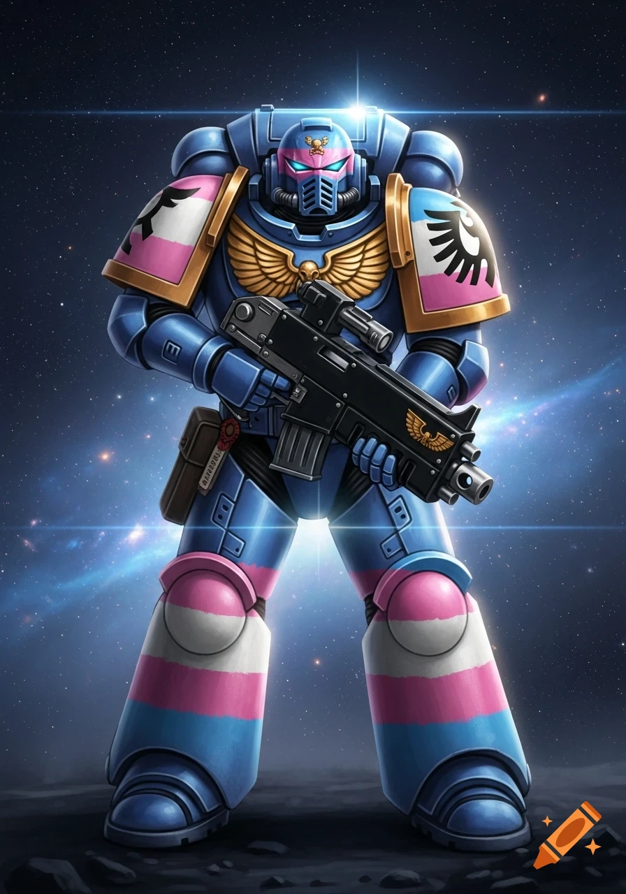 A blue, pink, and white armored Space Marine from Warhammer 40k holding a rifle, standing on a rocky surface in space.