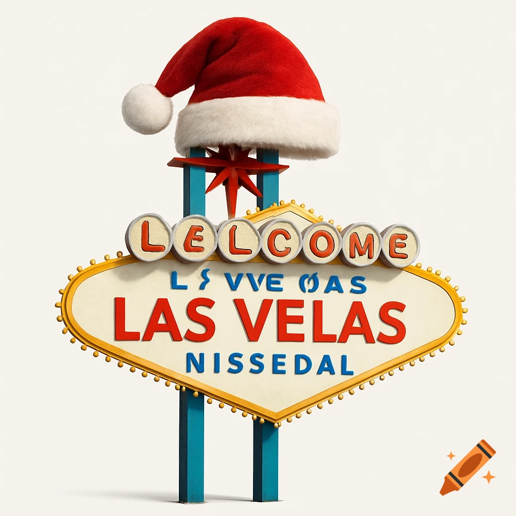 A close-up of a "Welcome to Las Vegas" style sign, featuring "LAS VELAS NISSEDAL" text, adorned with a red Santa hat on top, against a white background.