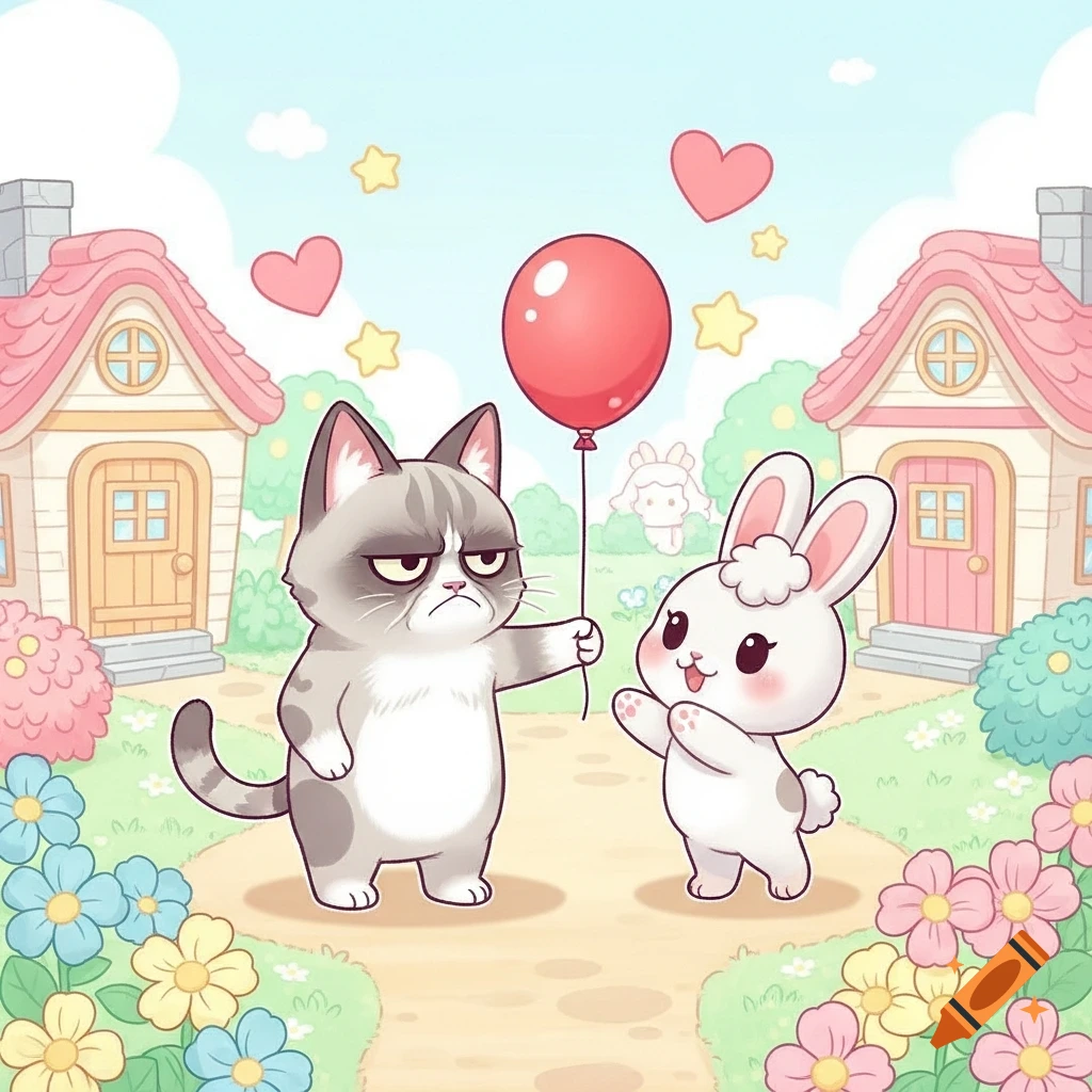 A grumpy cat holds a red balloon towards a happy bunny in a cute, pastel cartoon village with houses and flowers.