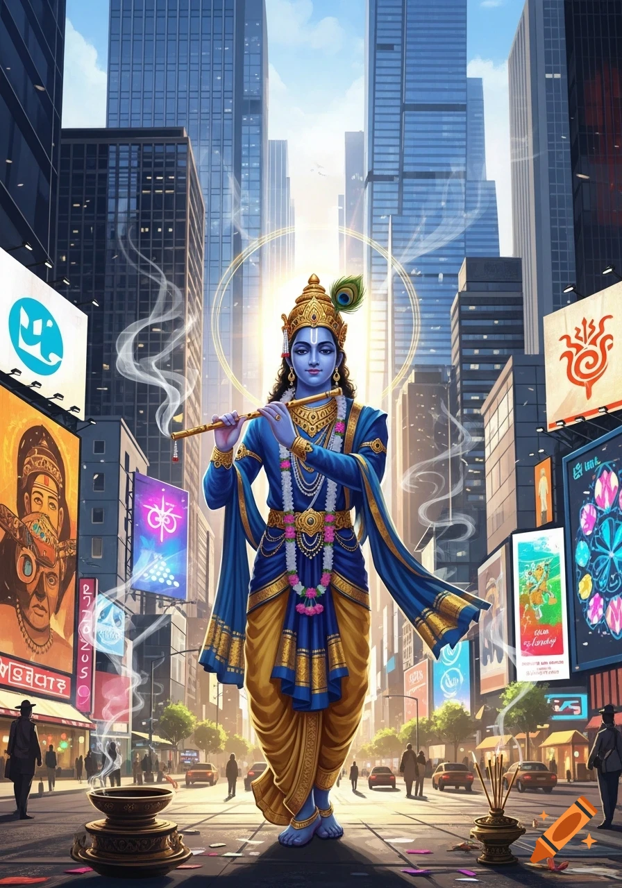 Lord Krishna, with blue skin and golden attire, plays a flute on a modern city street surrounded by skyscrapers and billboards. Incense burns on the ground.
