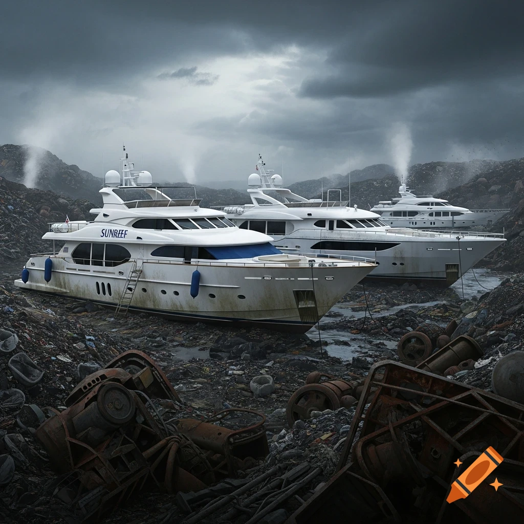 Three luxury yachts are stranded in a vast, trash-filled landfill under a gloomy, cloudy sky in a photorealistic style.