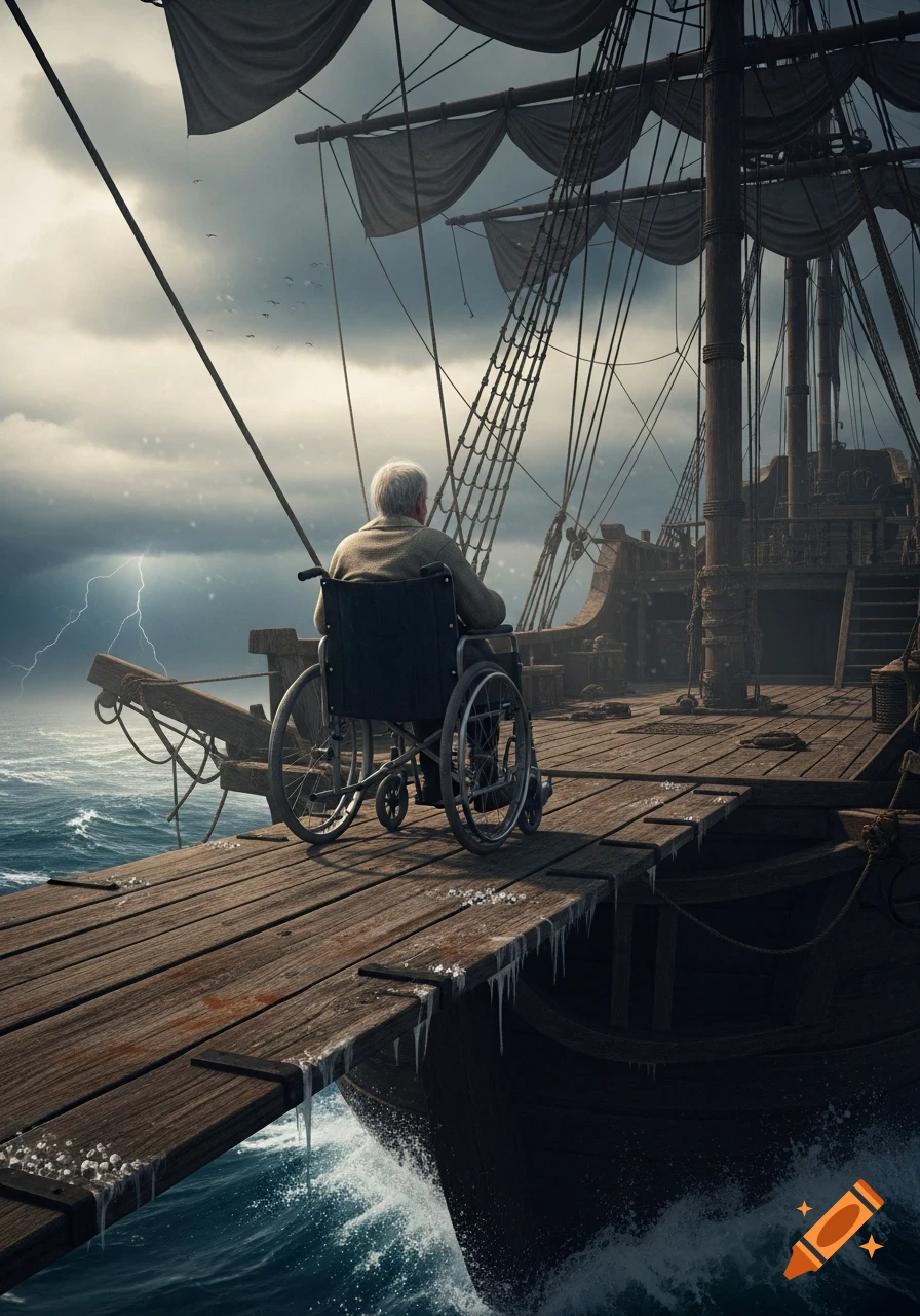 An elderly person in a wheelchair sits on a wooden plank extending from a ship into a stormy ocean with lightning.
