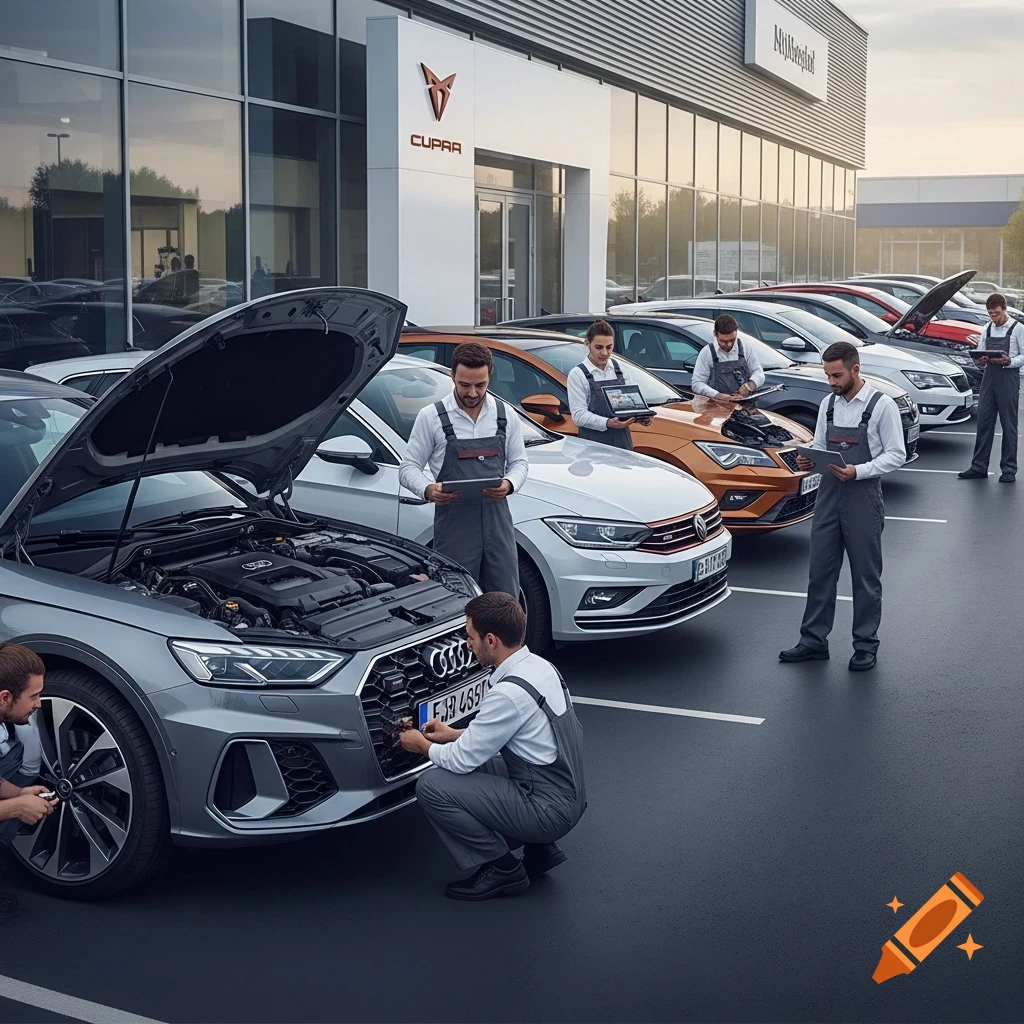 Mechanics in white shirts and gray overalls inspect cars with open hoods in front of an automotive dealership.