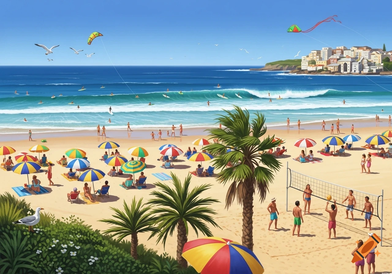 A vibrant, stylized beach scene with many people swimming, surfing, sunbathing, and playing volleyball under a clear sky.