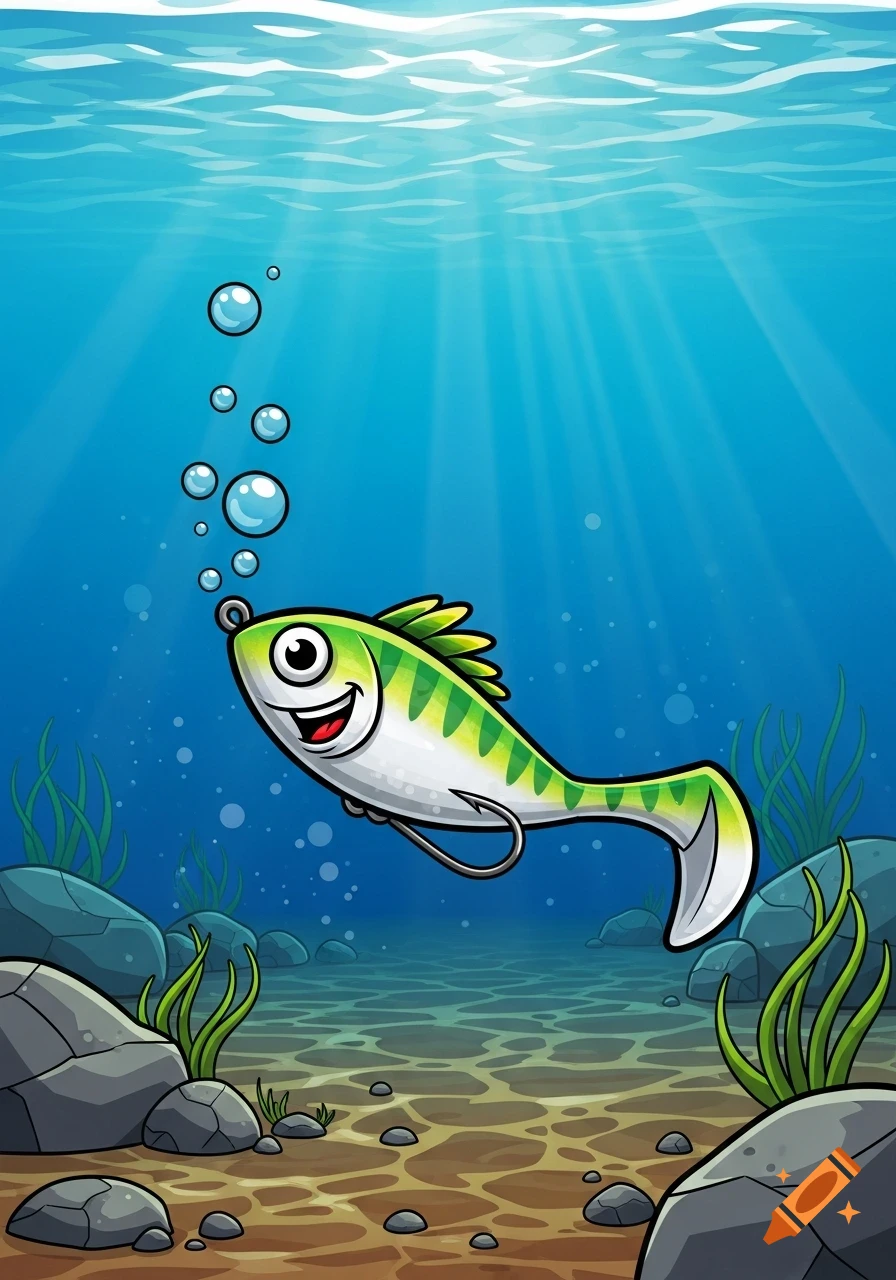 A colorful cartoon fishing lure resembling a fish with a hook, swimming underwater amidst bubbles, rocks, and aquatic plants with light rays shining from above.