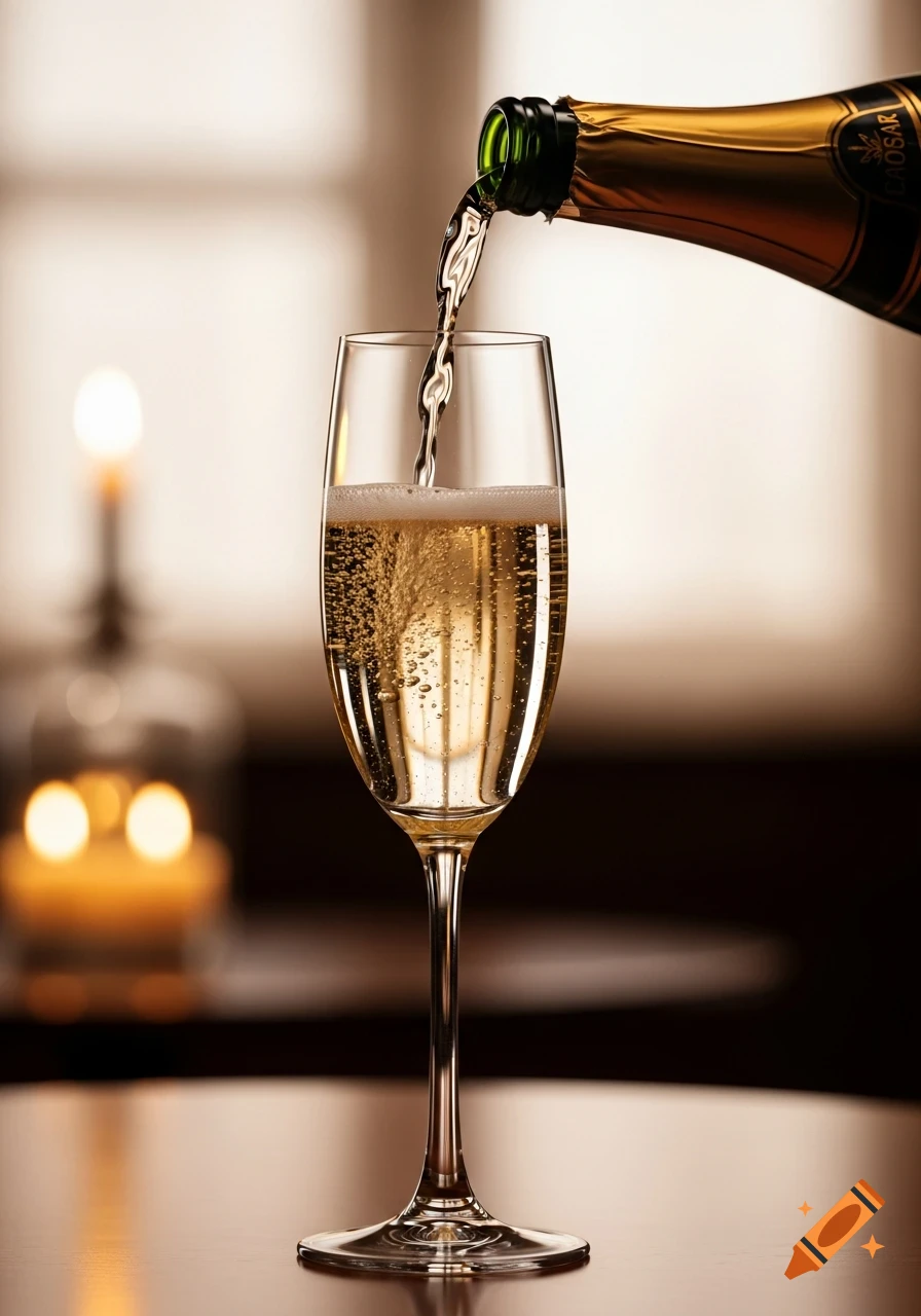 Photorealistic image of champagne being poured from a bottle into a flute glass, with blurred candles in the background.