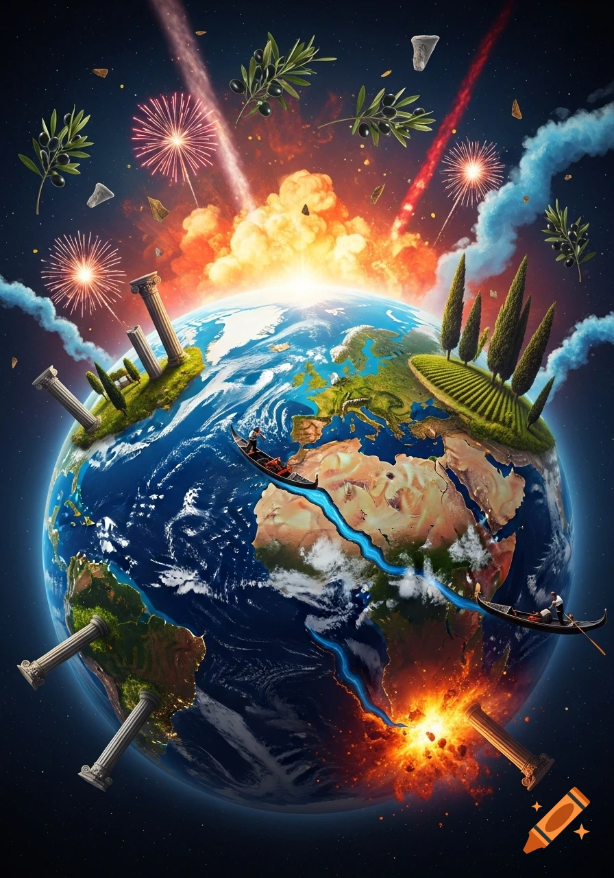 Surreal depiction of Earth with Italian cultural elements like olive branches, ancient columns, vineyards, gondolas, and fiery explosions in a starry space.