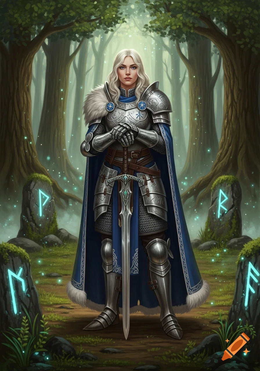Fair-skinned female knight in silver and blue armor with a cape and sword stands in a magical forest with glowing runes.
