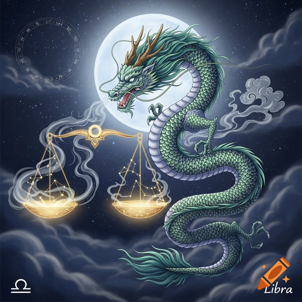 A vibrant green Chinese dragon coils around glowing golden Libra scales under a full moon and starry night sky, with the Libra symbol.