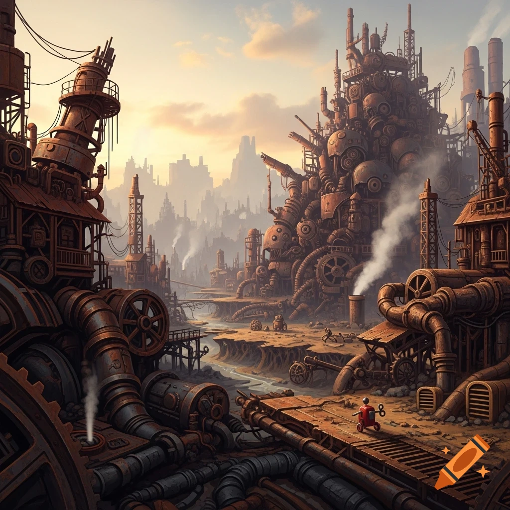 A vast steampunk mechanical wasteland with towering rusty machinery, pipes, gears, and industrial structures under a cloudy sky.