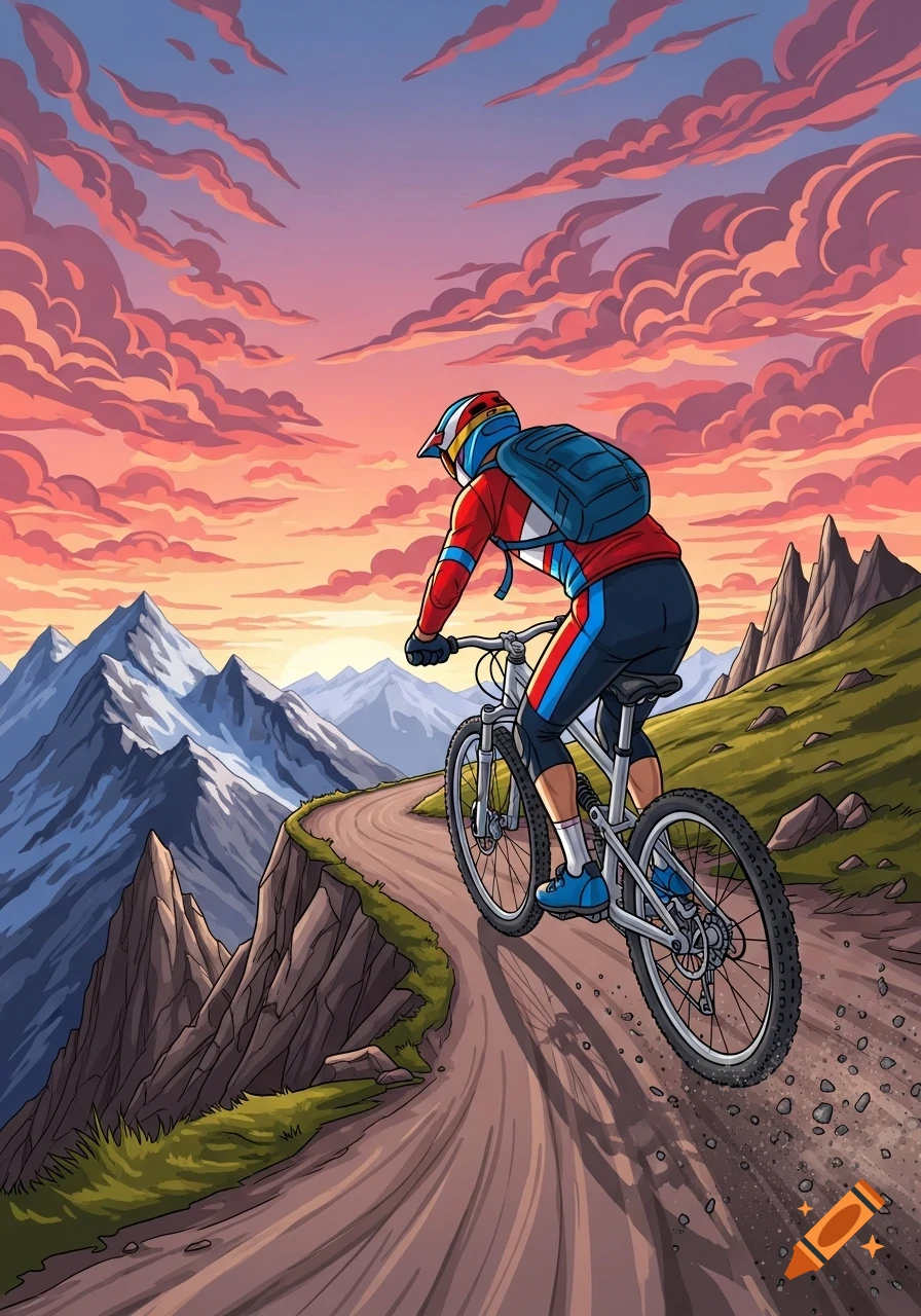 Illustration of a person mountain biking on a winding dirt path through mountains at sunset.