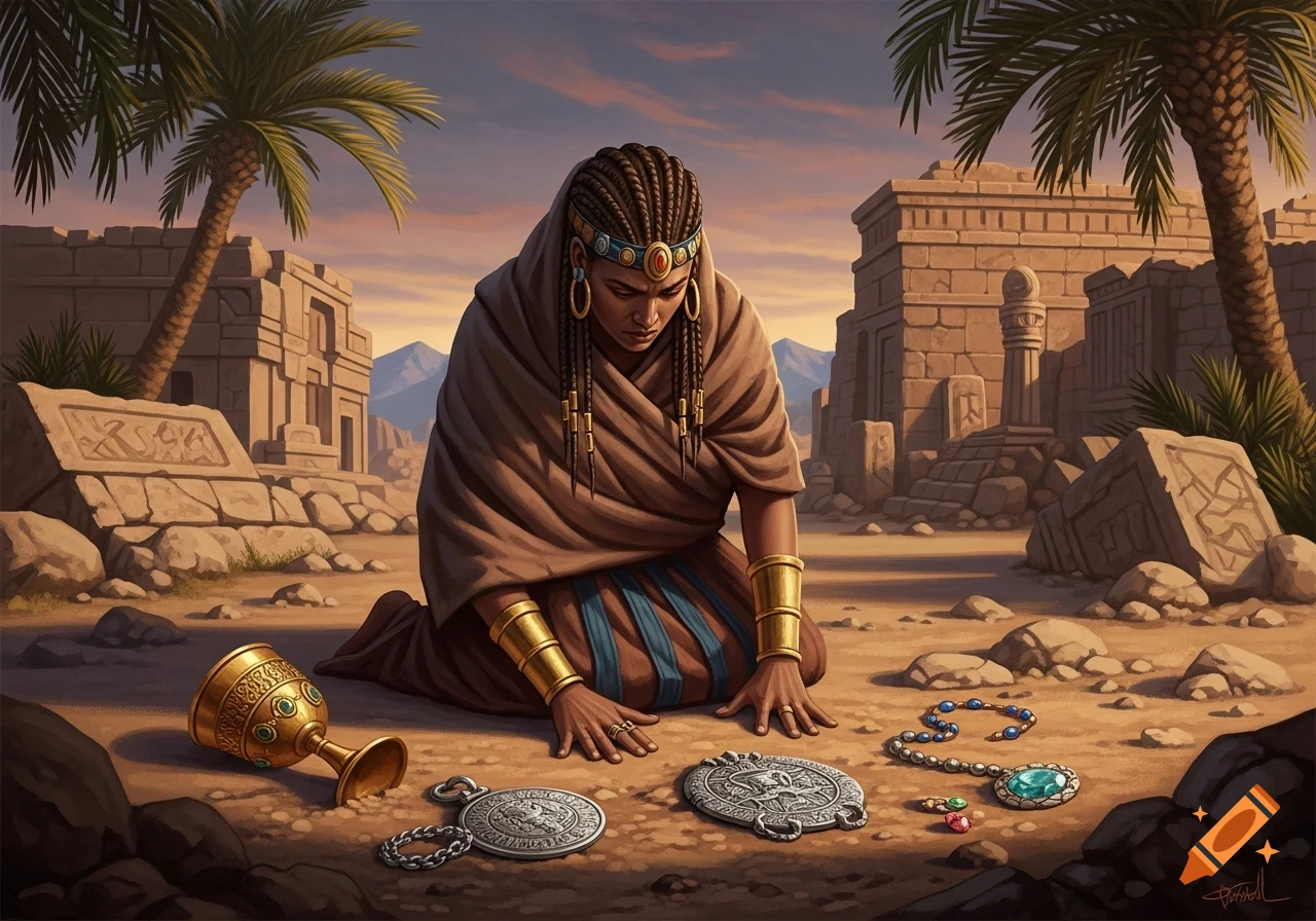 A person in ancient robes kneels amidst desert ruins, looking at valuable artifacts scattered on the sandy ground.
