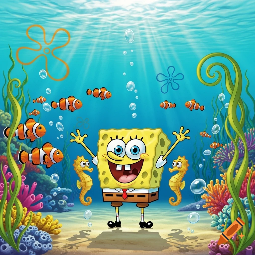 Spongebob Squarepants smiles with arms raised in a vibrant underwater cartoon scene, surrounded by clownfish, seahorses, coral, and seaweed.
