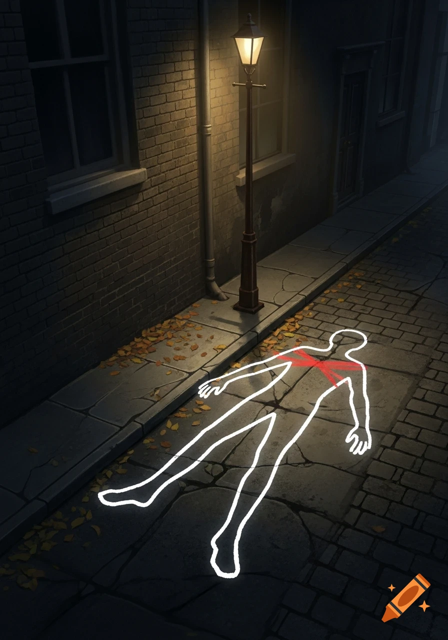 Stylized illustration of a white chalk outline of a person with a red X on a dark alley sidewalk at night, lit by a lamppost.