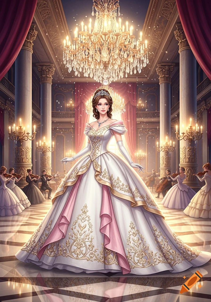A beautiful princess in an elaborate white and pink ball gown with golden embroidery stands in a grand, chandelier-lit ballroom with musicians.