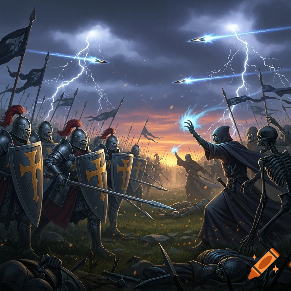 Armored knights with cross shields battle dark mages and skeletons amidst lightning and magic on a stormy fantasy battlefield.