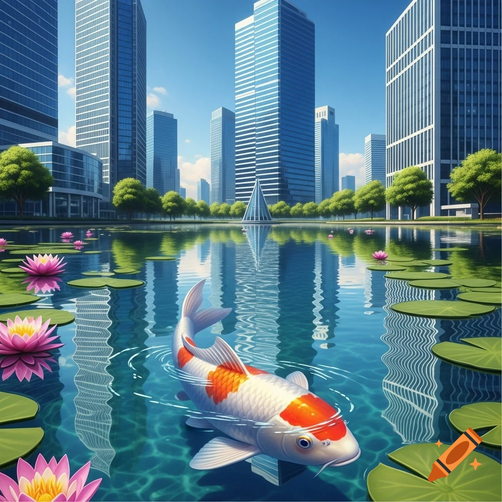 A large orange and white koi fish swims in a pond with pink lotus flowers and lily pads, reflecting tall modern city skyscrapers under a blue sky.