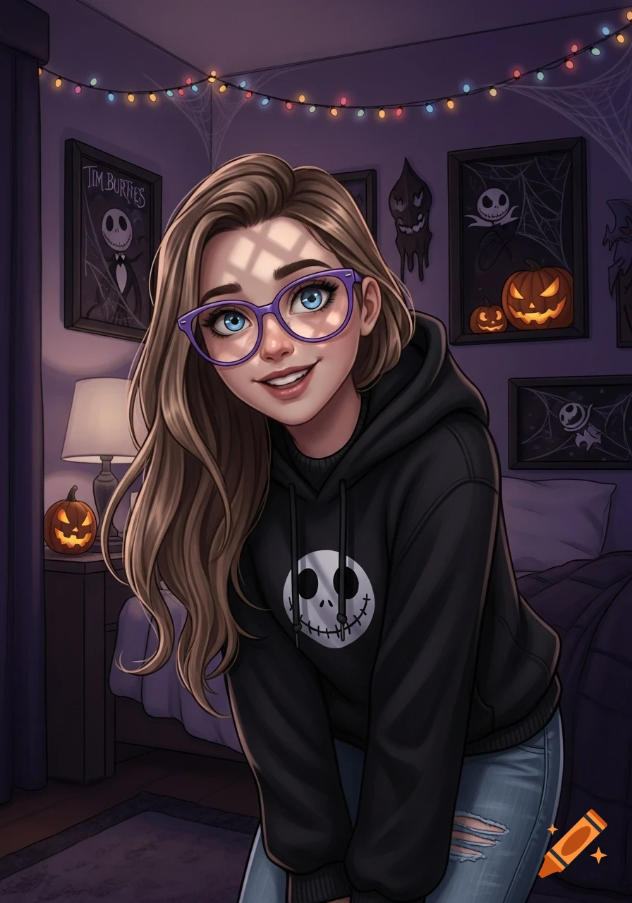 Cartoon girl with brown hair, purple glasses, black Jack Skellington hoodie, and ripped jeans in a Halloween-themed room.