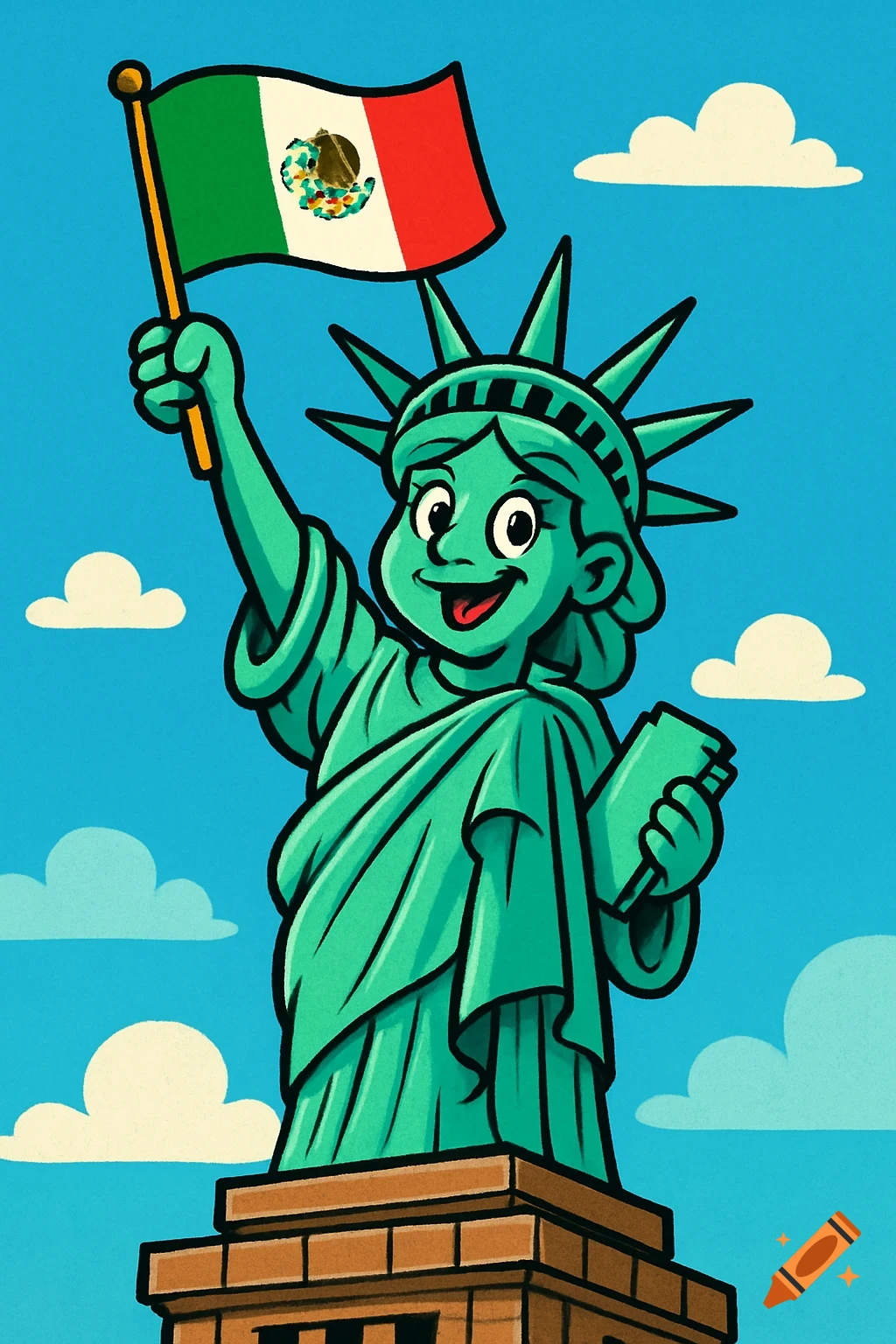 A cartoon Statue of Liberty smiles cheerfully while holding up a Mexican flag against a blue sky with clouds.
