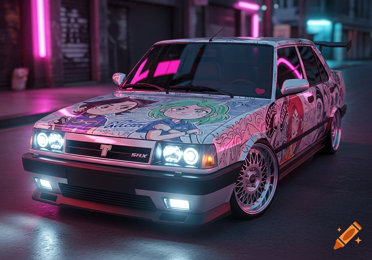 Custom Tofas Dogan SLX car with Luz Noceda and Amity Blight anime decals, illuminated by pink neon lights at night.