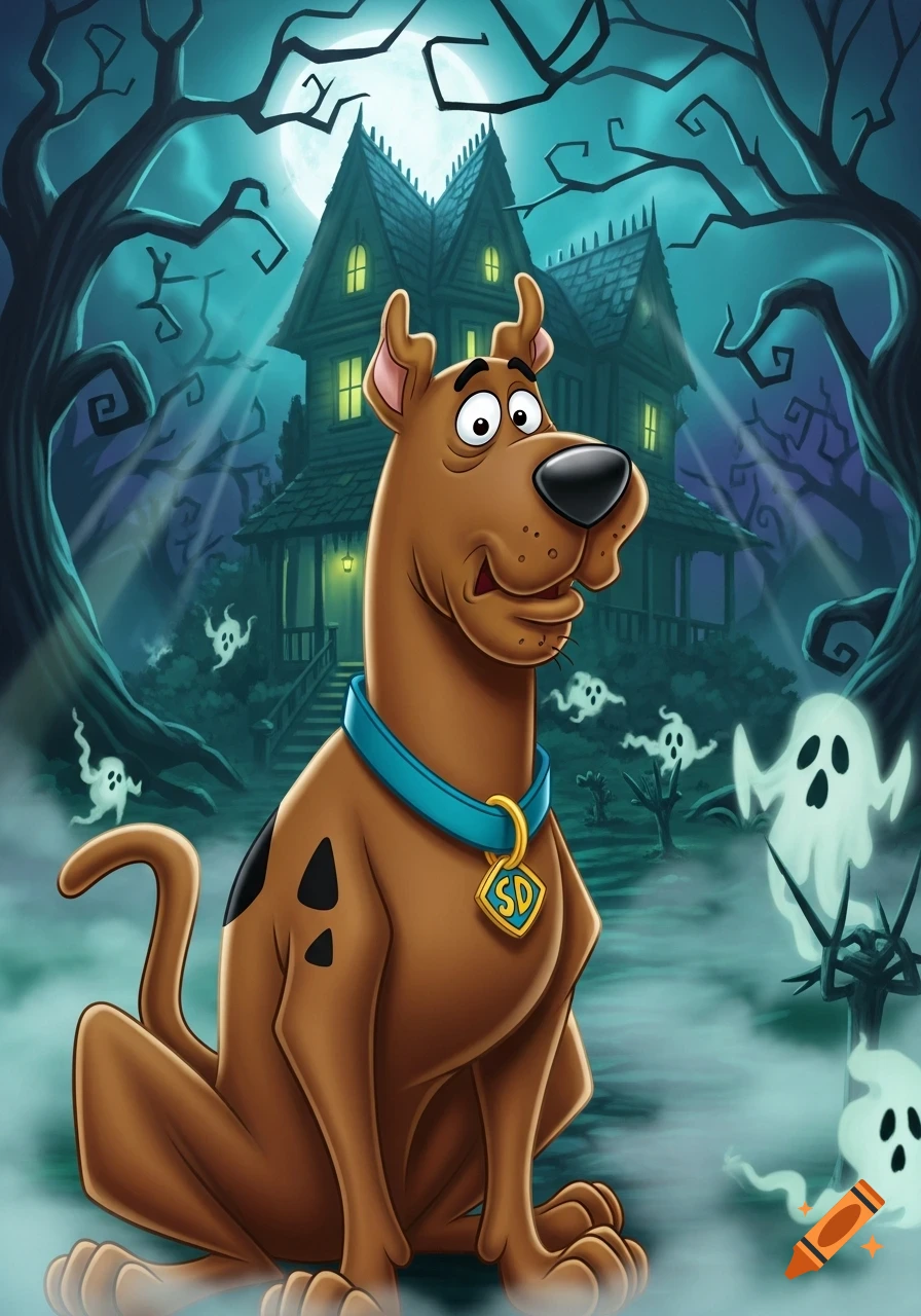 Scooby-Doo sits in front of a spooky haunted house under a full moon, surrounded by ghosts in a cartoon style.