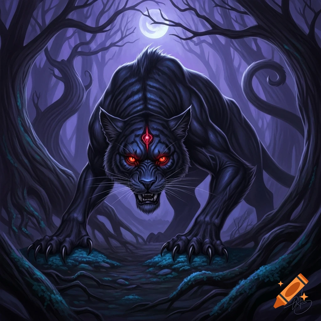A menacing black fantasy big cat with glowing red eyes and a third eye on its forehead, crouches in a dark, moonlit forest.