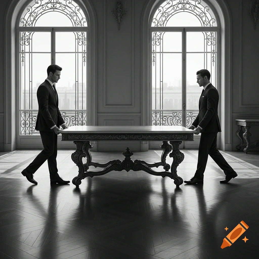 Two elegantly dressed men in suits carrying a large ornate table in a grand room with arched windows, captured in black and white.