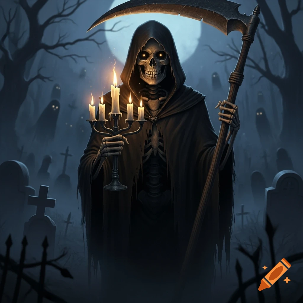 An eerie grim reaper skeleton with glowing eyes holds a lit candelabra and scythe in a dark, moonlit graveyard, dark fantasy art.