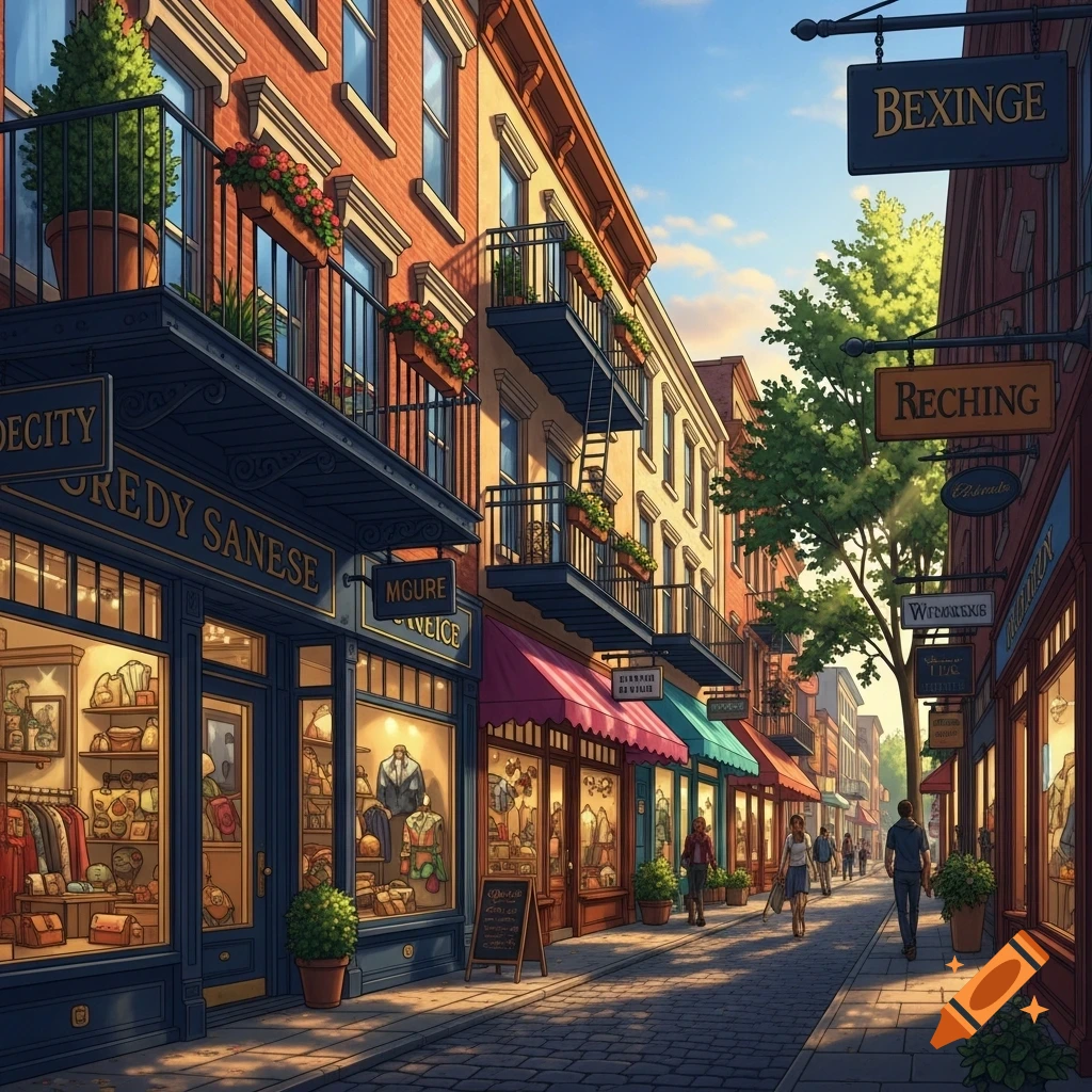 A vibrant, cartoon-style street scene with multi-story buildings, numerous storefronts with awnings, and people walking on a cobblestone path under a sunny sky.