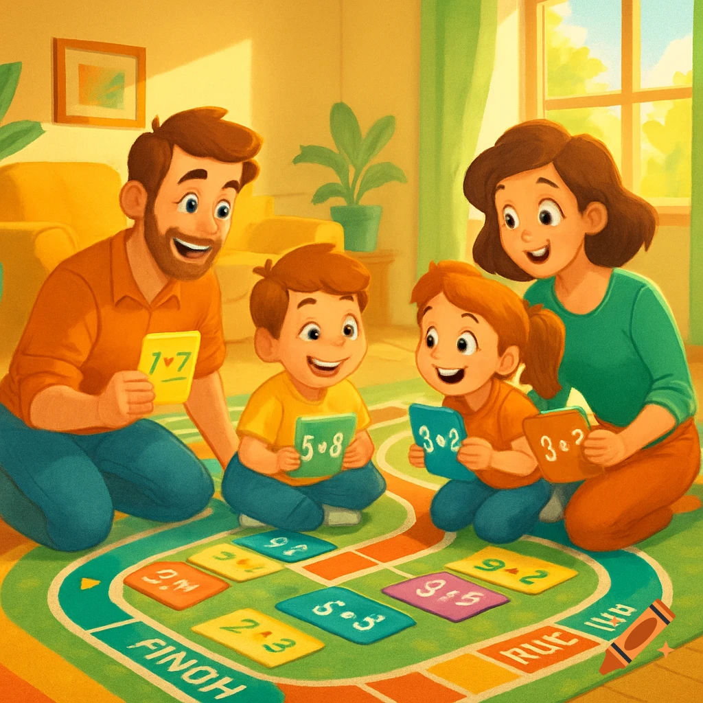 A happy cartoon family, including a mother, father, son, and daughter, plays a math board game on a race track rug in a sunny living room.